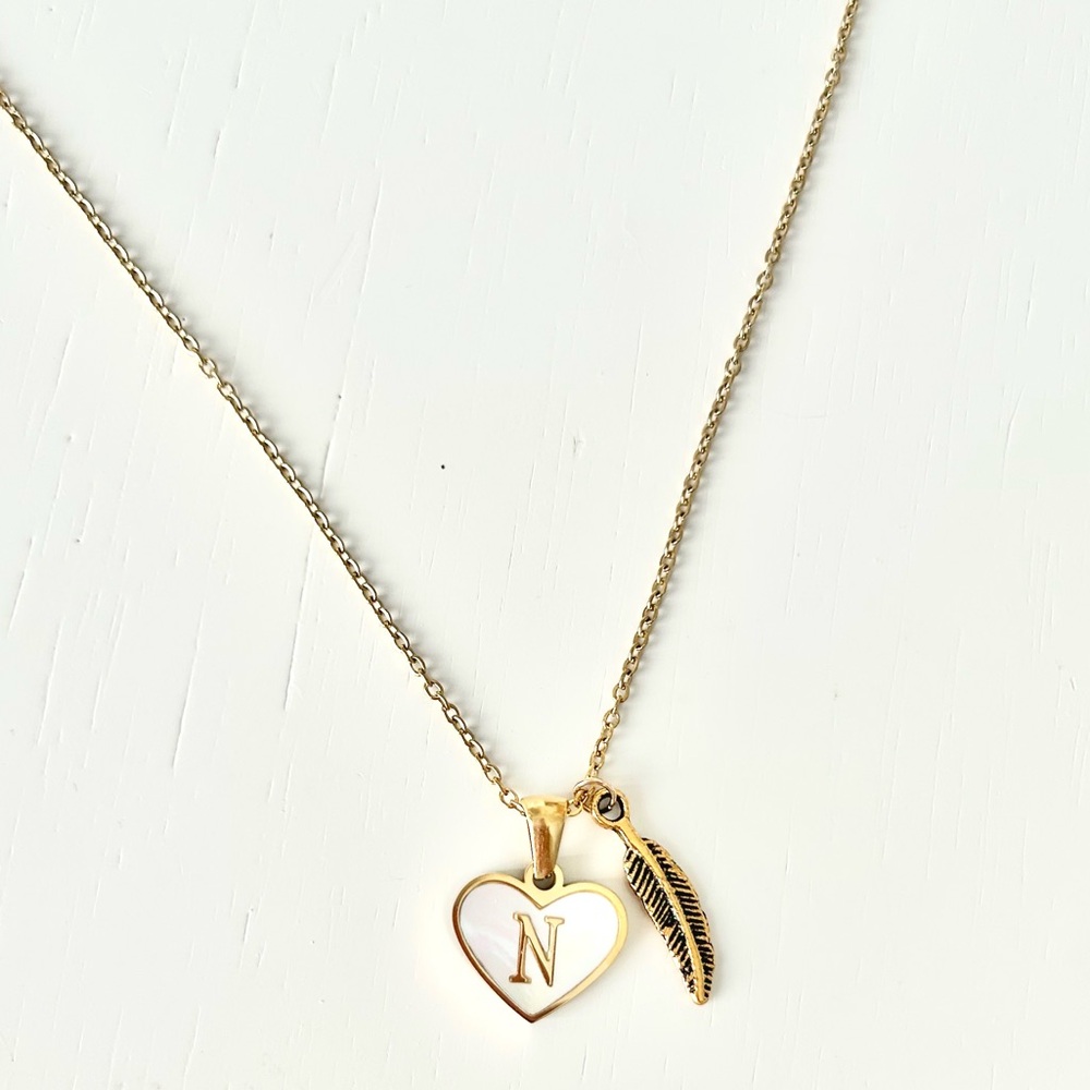 Initial Letter Necklace. N. Gold Heart and Feather 14k Gold Plated